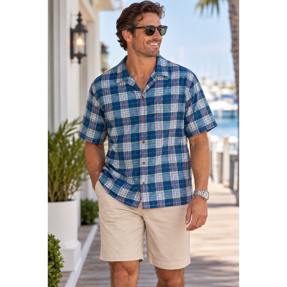 Tommy Bahama Mens XL Blue Purple Plaid 100% Silk Short Sleeve Camp Shirt